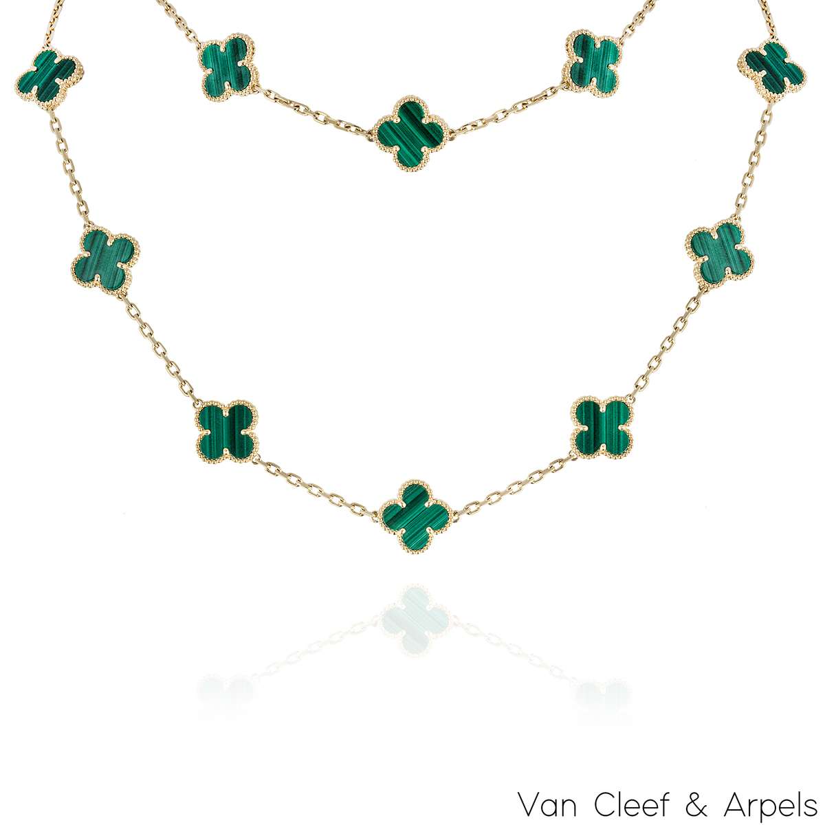 Van Cleef & Arpels Yellow Gold Malachite Vintage Alhambra 20 Motif Necklace VCARL88100